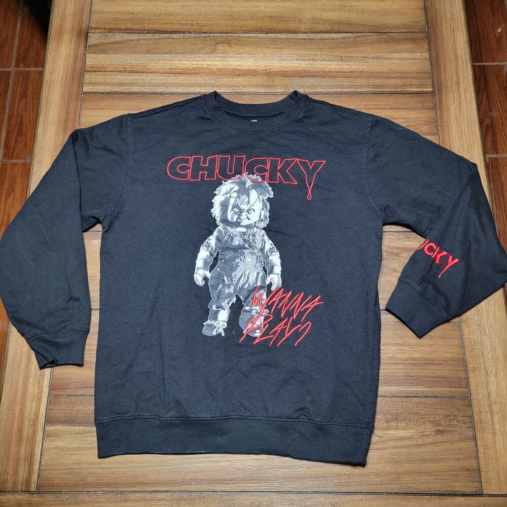 Chucky Black Unisex LS Sweatshirt "Wanna Play?" - Size Medium